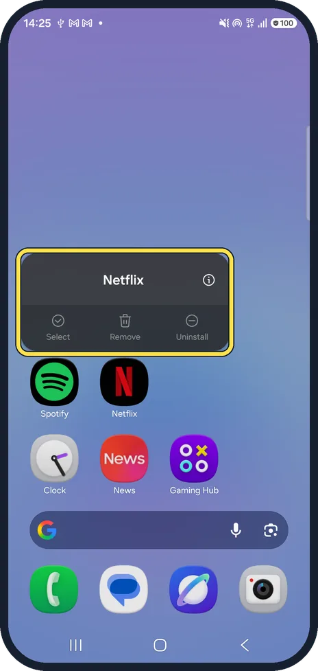 Android screenshot: Touch and hold an icon