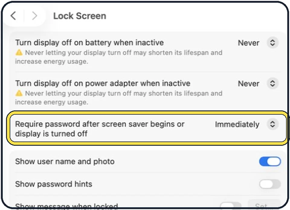 Part of the Mac System Settings window: Require the password immediately