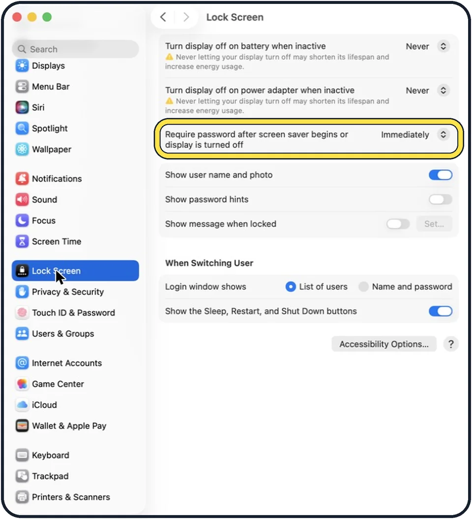 Mac screenshot: Require the password immediately