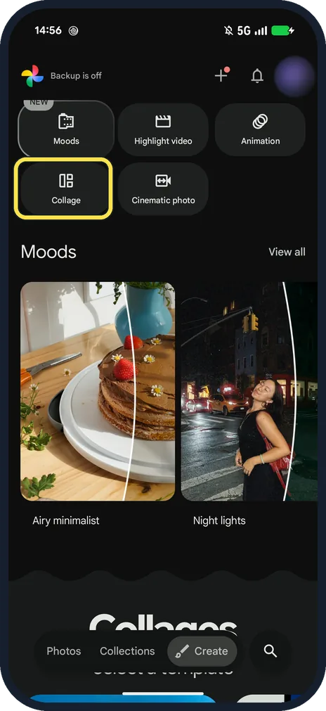 Android screenshot: Tap Create, then Collage
