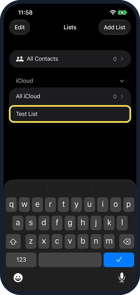 iPhone screen: Type a name and tap the check mark