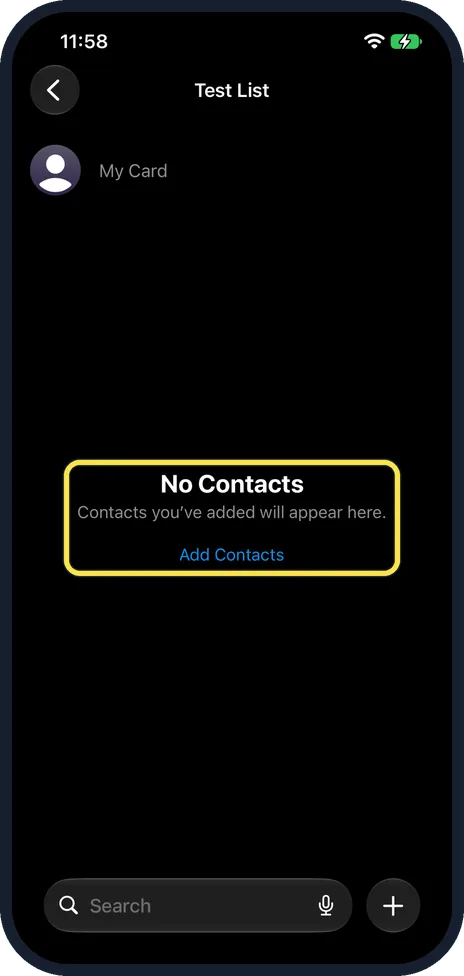 iPhone screen: Open the list and add contacts