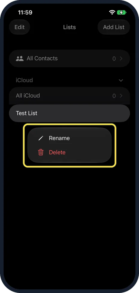 iPhone screen: Touch and hold to rename or delete