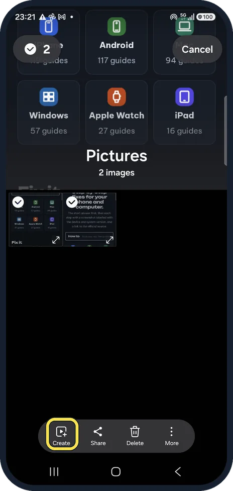 Android screenshot: Tap Create