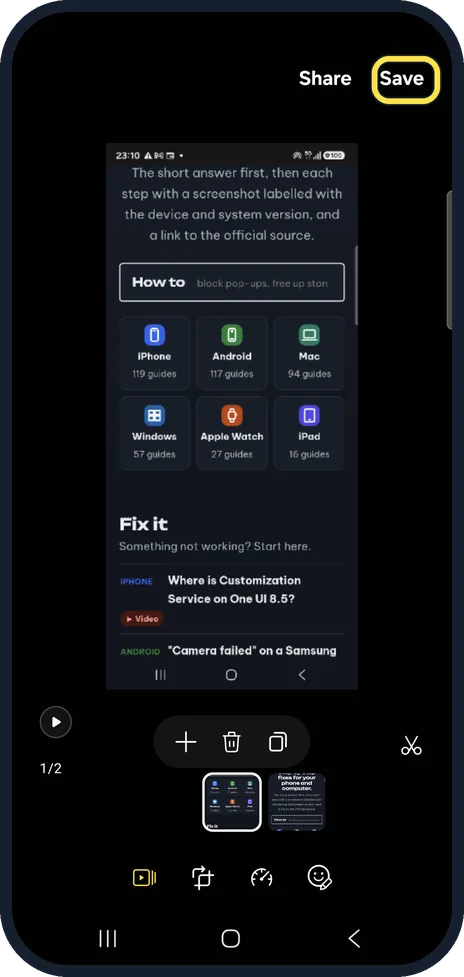 Android screenshot: Check the GIF and tap Save