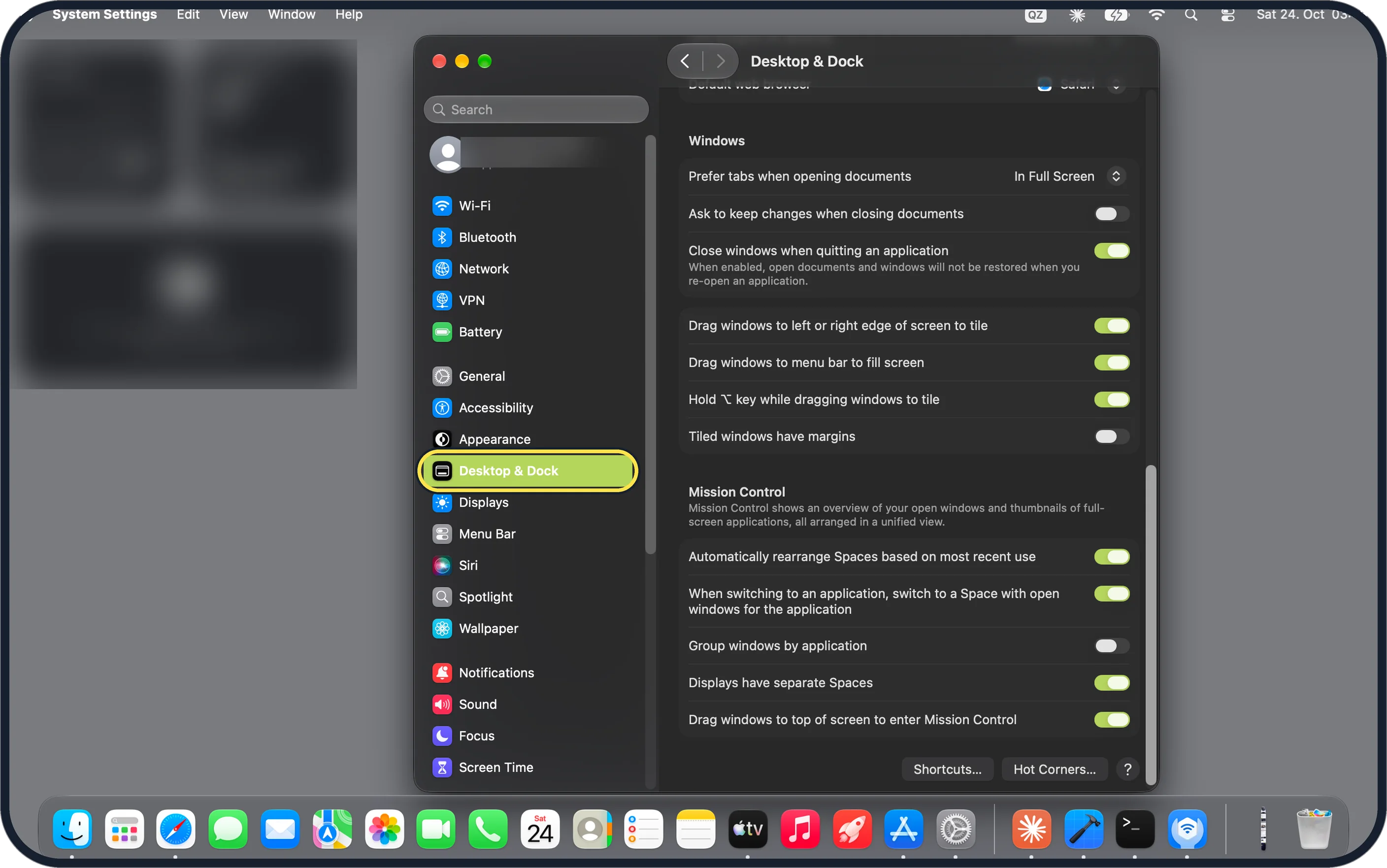 Mac screenshot: Click Desktop & Dock in the sidebar