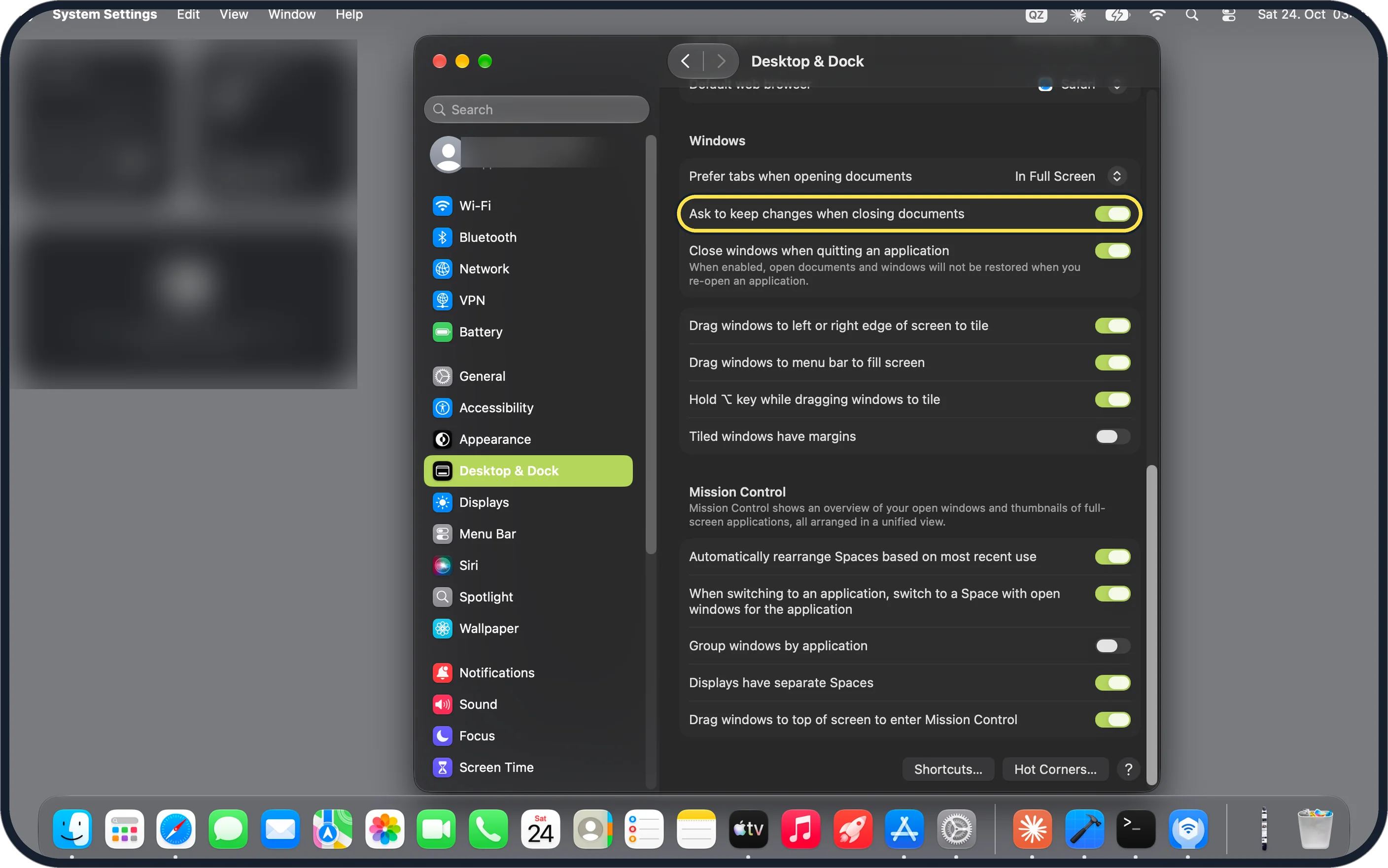Mac screenshot: Switch on Ask to keep changes when closing documents