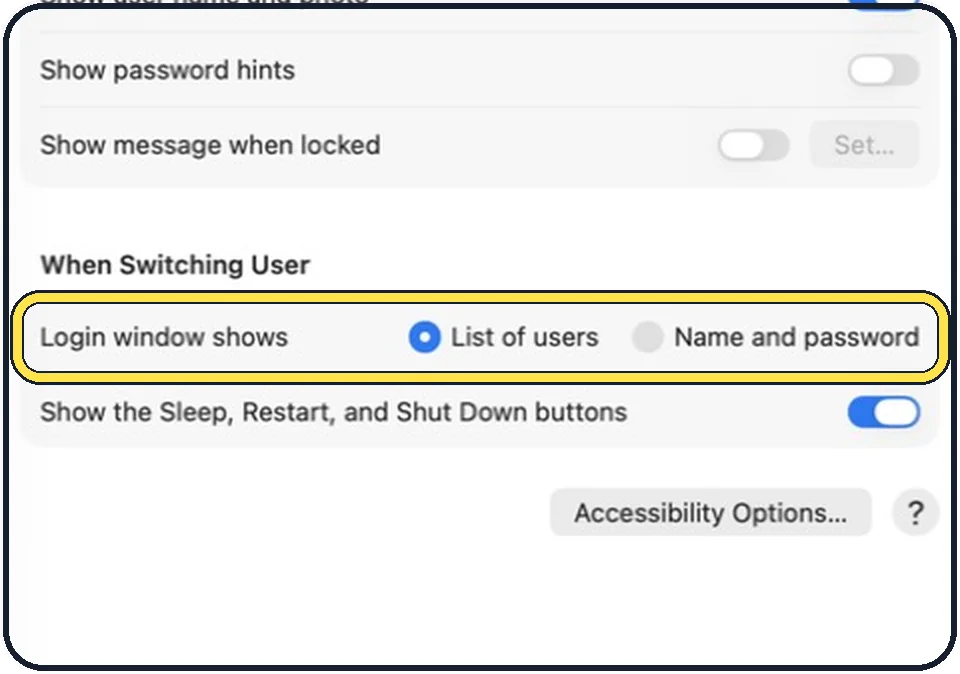 Mac screenshot: Select Name and password