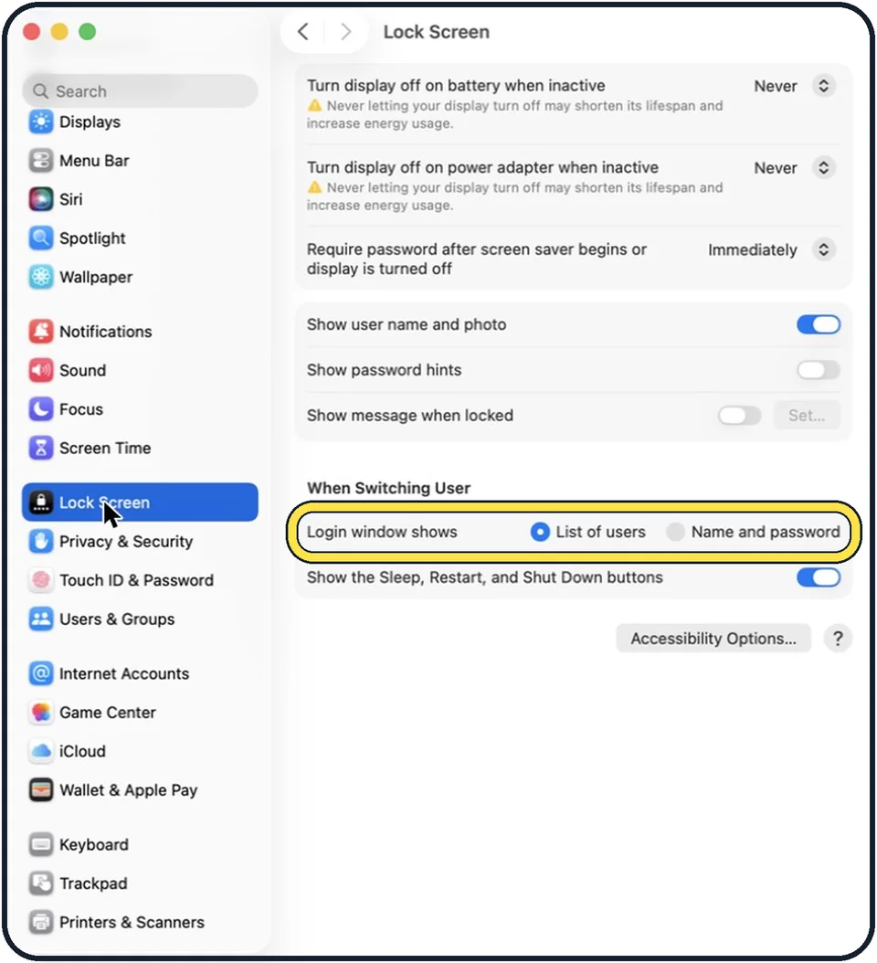 Mac screenshot: Select Name and password