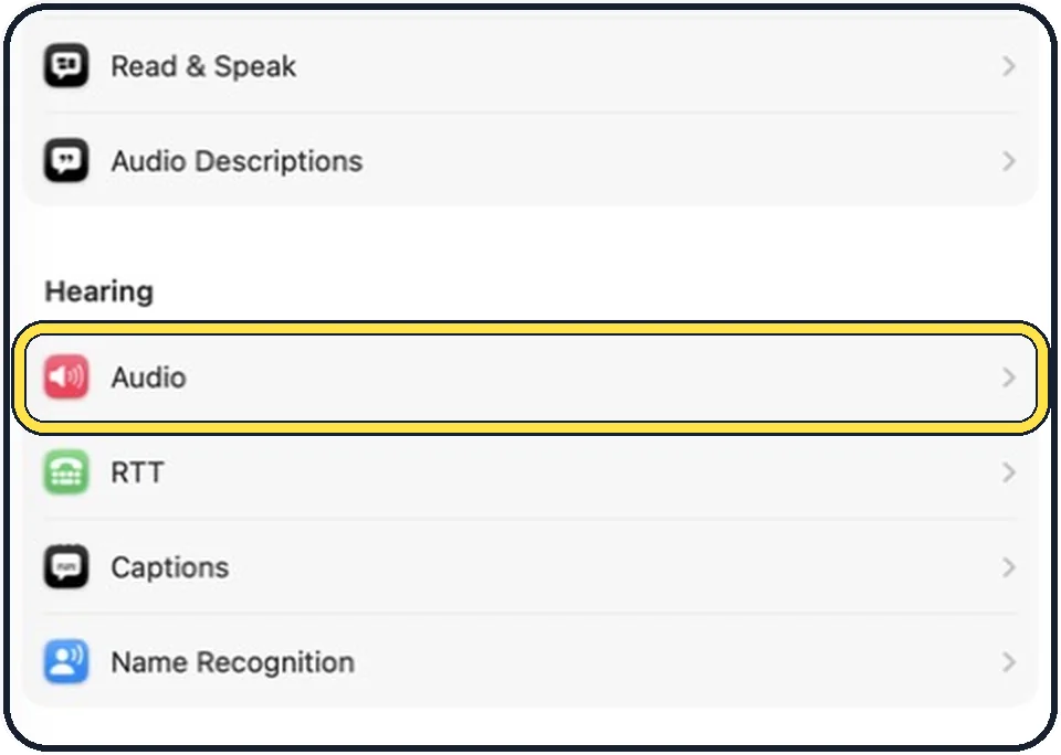Mac screenshot: Click Accessibility, then Audio