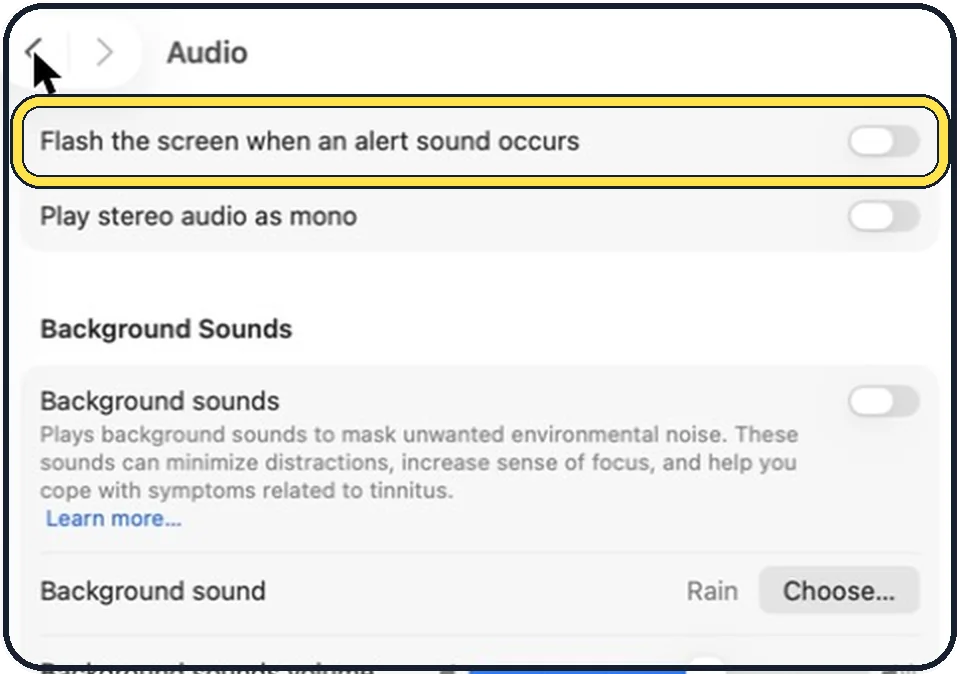 Mac screenshot: Switch on Flash the screen when an alert sound occurs