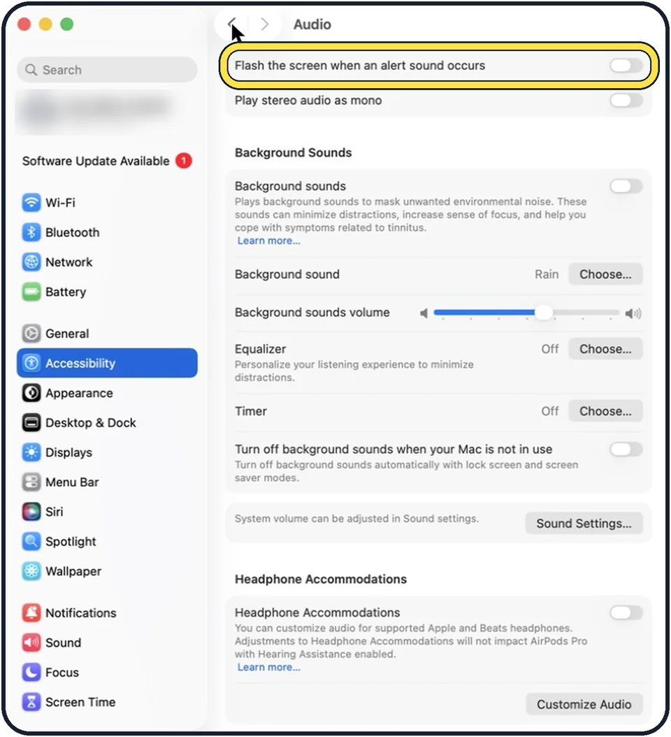 Mac screenshot: Switch on Flash the screen when an alert sound occurs