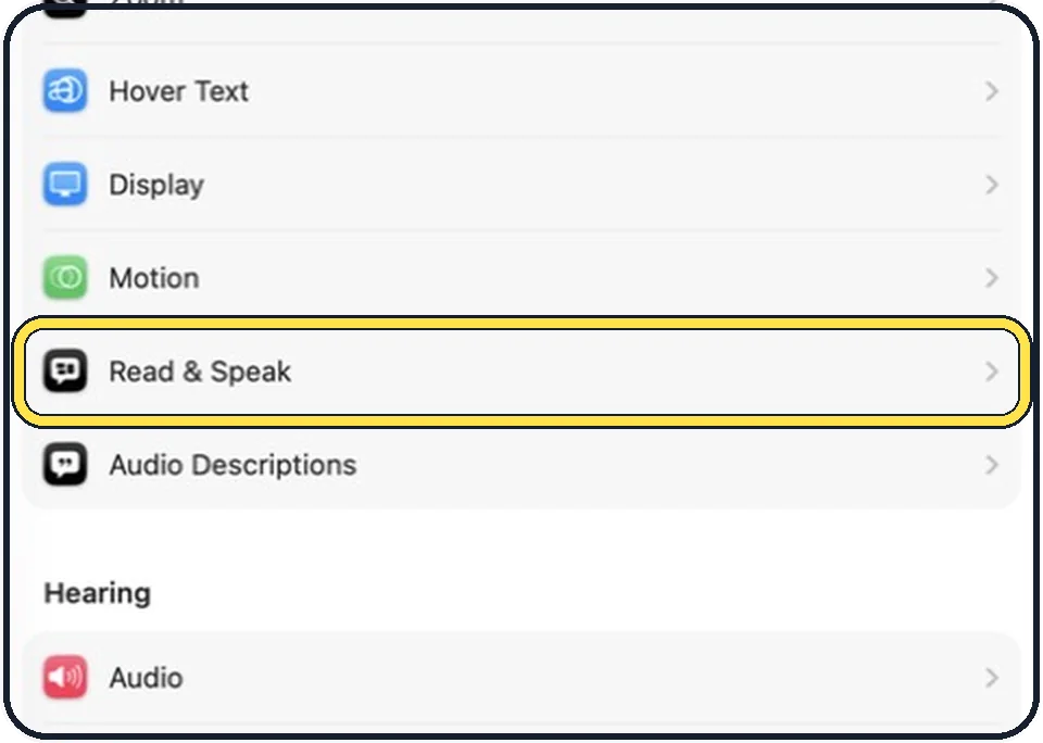 Mac screenshot: Click Accessibility, then Read & Speak