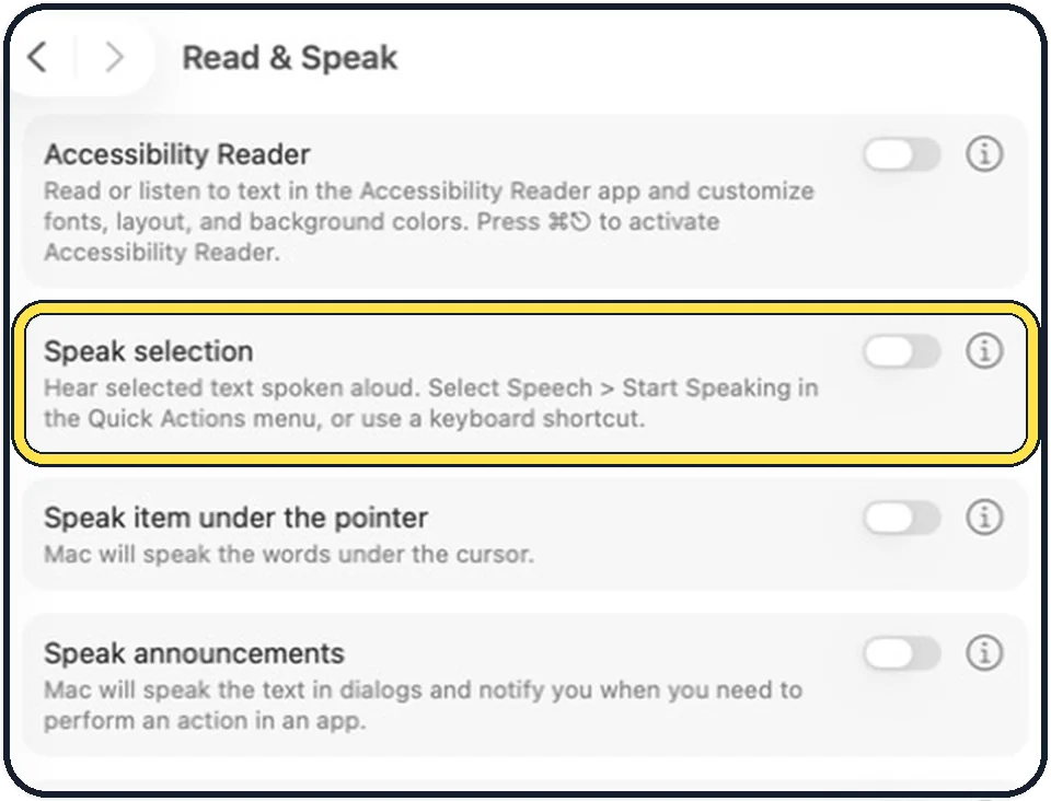 Mac screenshot: Switch on Speak selection