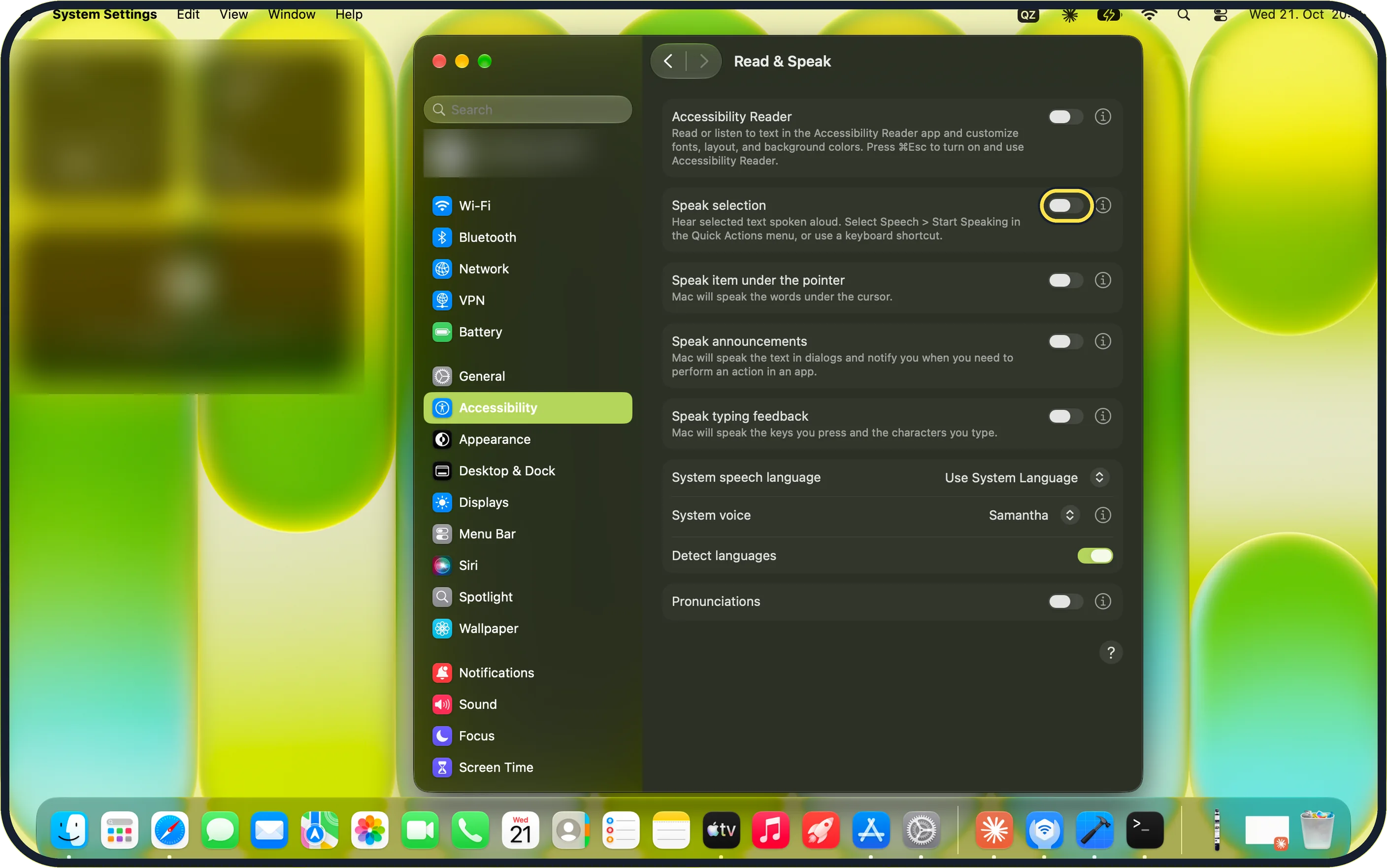 Mac screenshot: Switch on Speak selection