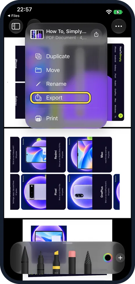 iPhone screen: Tap Export