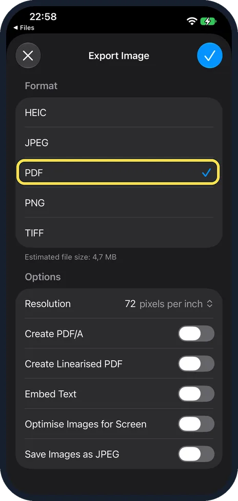 iPhone screen: Choose PDF