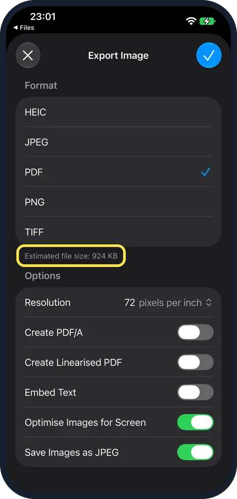iPhone screen: Check the new size, then tap the tick