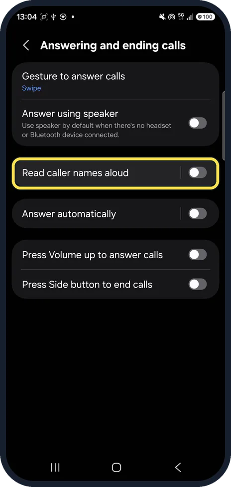 Android screenshot: Tap Read caller names aloud