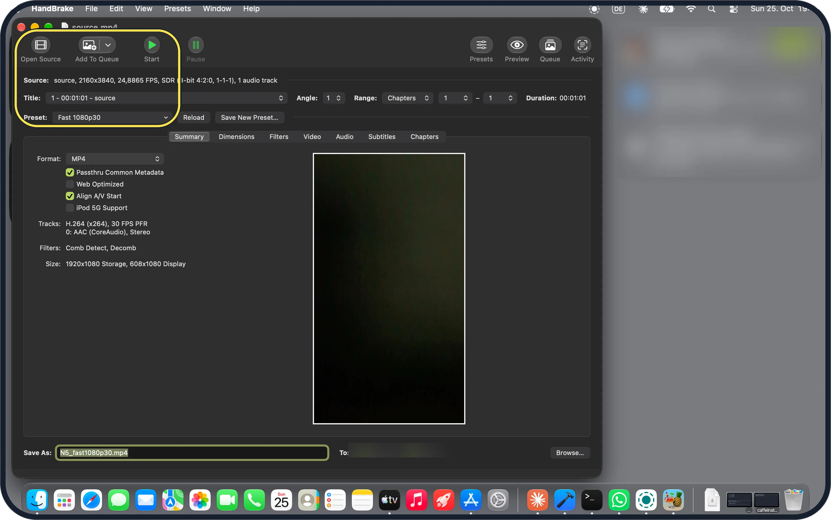 Mac screenshot: Keep Fast 1080p30 and click Start