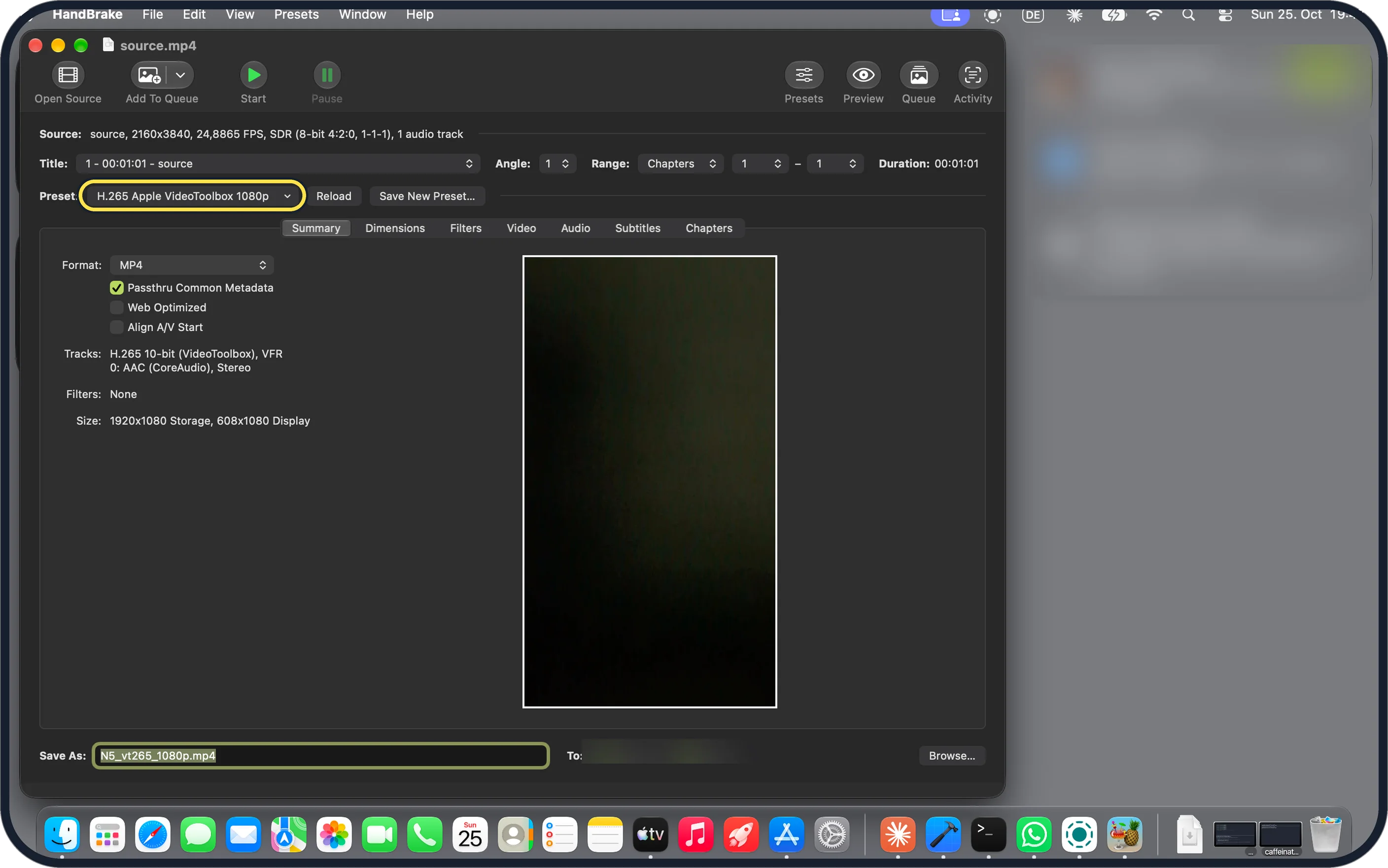 Mac screenshot: Want it even smaller? Pick H.265 Apple VideoToolbox 1080p
