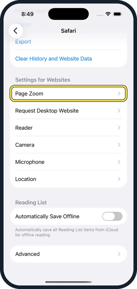 iPhone screen: Scroll down to Settings for Websites and tap Page Zoom