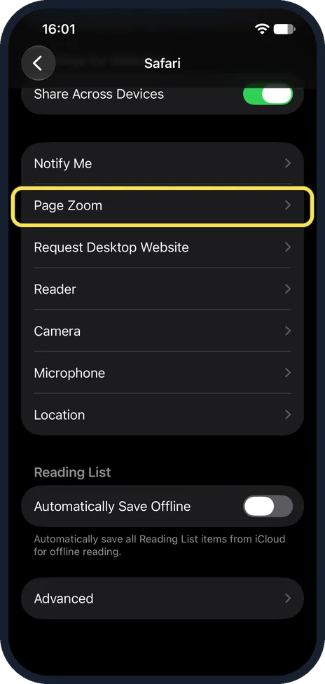 iPhone screen: Scroll down to Settings for Websites and tap Page Zoom