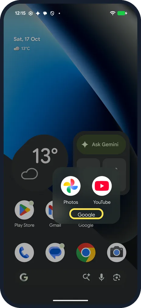 Android screenshot: Open the folder and tap the name