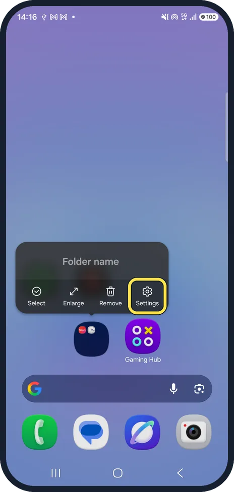Android screenshot: Open the folder's settings