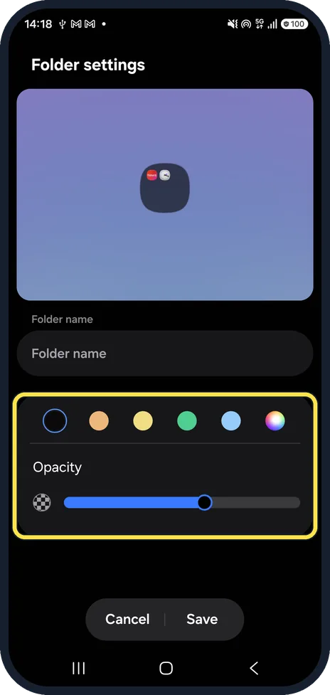 Android screenshot: Pick a colour and opacity