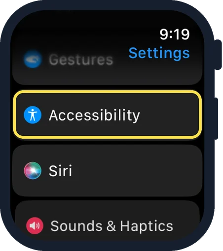Apple Watch screen: Scroll down and tap Accessibility