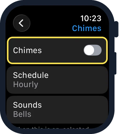 Apple Watch screen: Switch on Chimes
