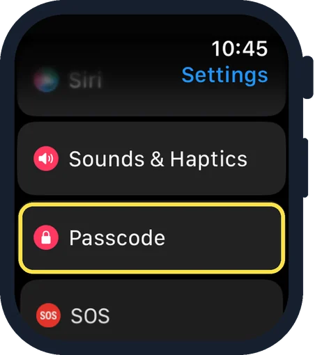 Apple Watch screen: Scroll down and tap Passcode