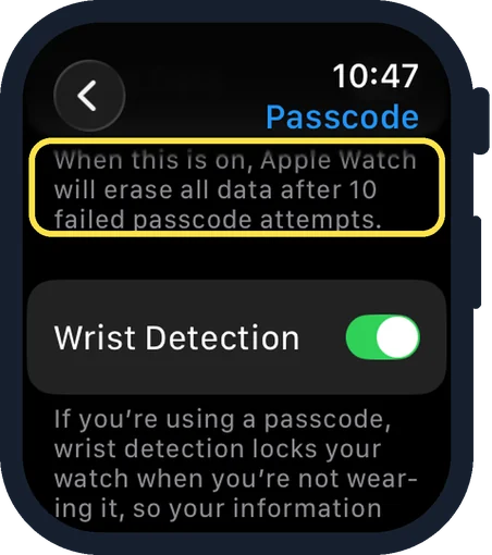 Apple Watch screen: Scroll down and switch on Erase Data