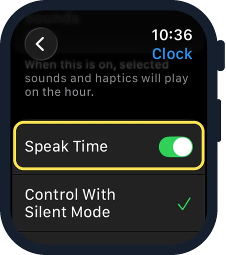 Apple Watch screen: Scroll down and switch on Speak Time