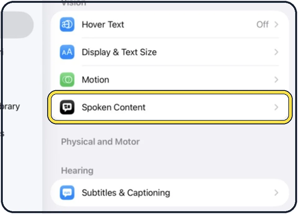 iPad screenshot: Tap Accessibility, then Spoken Content