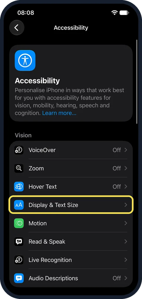 iPhone screen: Tap Display & Text Size