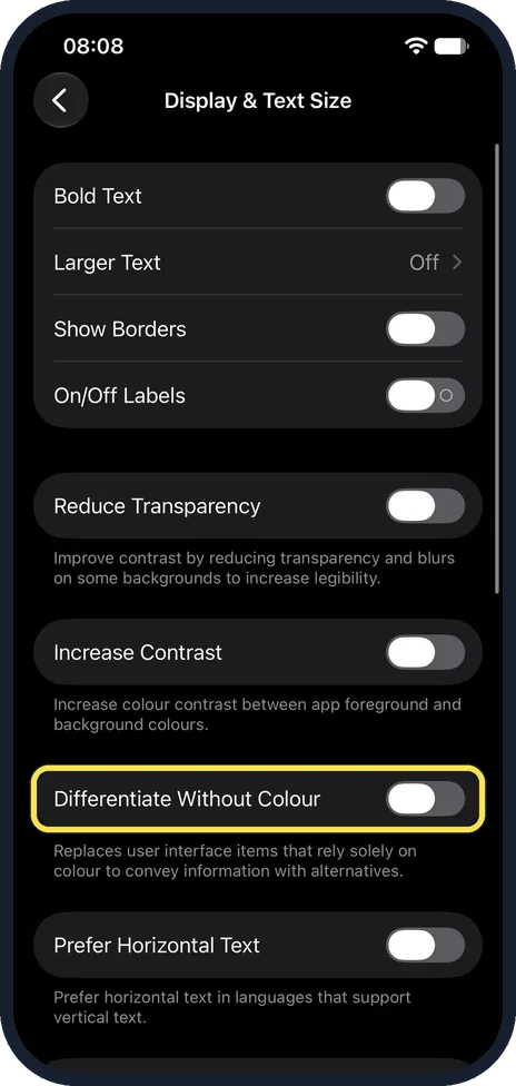 iPhone screen: Scroll down and switch on Differentiate Without Colour