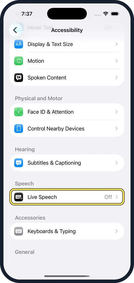 iPhone screen: Scroll to Speech and tap Live Speech