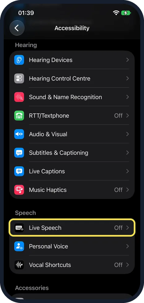 iPhone screen: Scroll to Speech and tap Live Speech