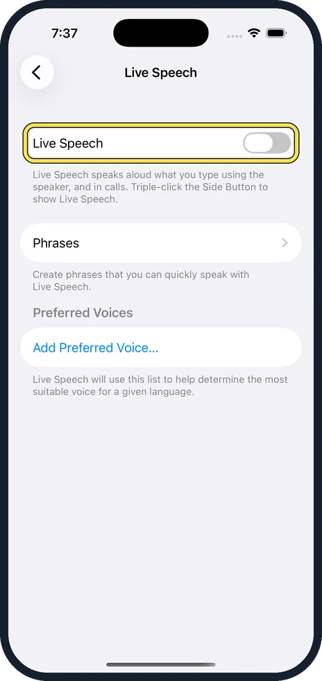 iPhone screen: Switch on Live Speech