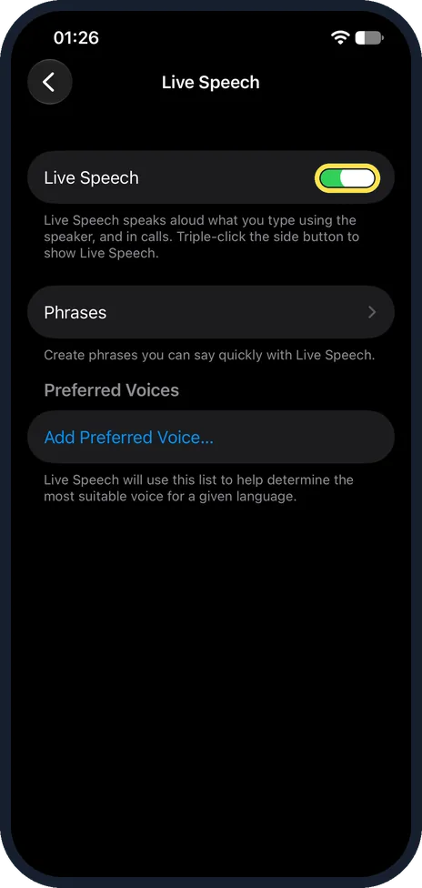 iPhone screen: Switch on Live Speech