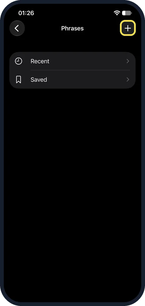 iPhone screen: Open Phrases and choose a category