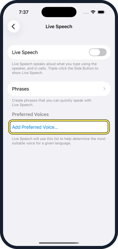 iPhone screen: Choose a voice