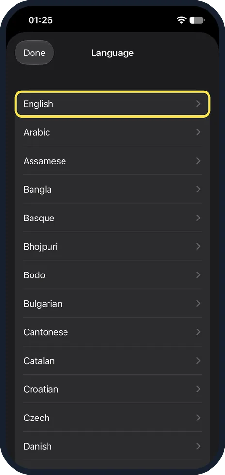 iPhone screen: Pick a language for a preferred voice