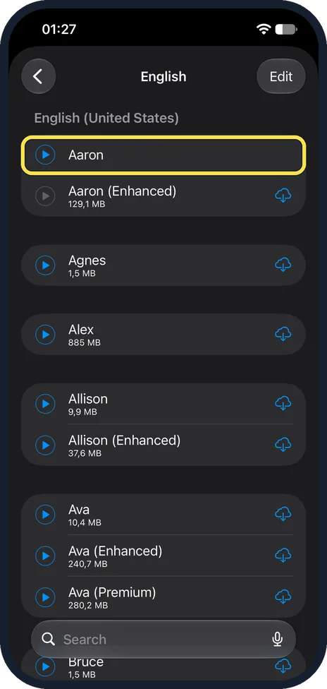 iPhone screen: Choose a voice