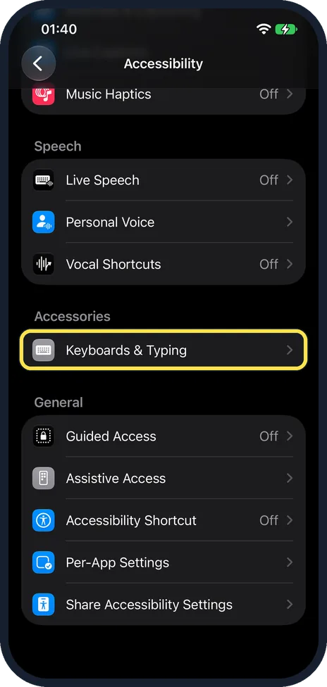 iPhone screen: Scroll down and tap Keyboards & Typing