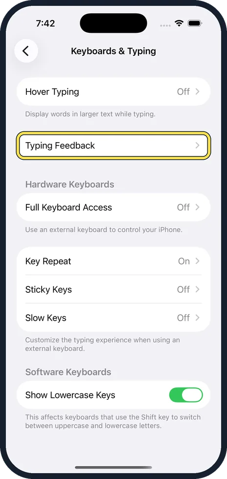 iPhone screen: Tap Typing Feedback