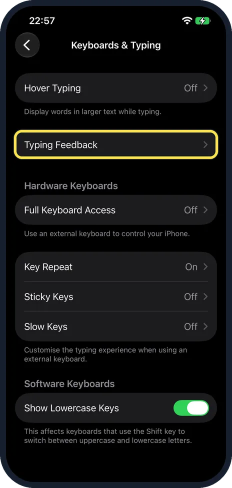 iPhone screen: Tap Typing Feedback