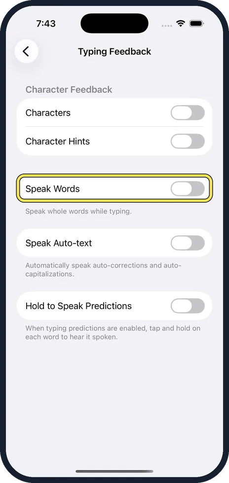 iPhone screen: Switch on Speak Words